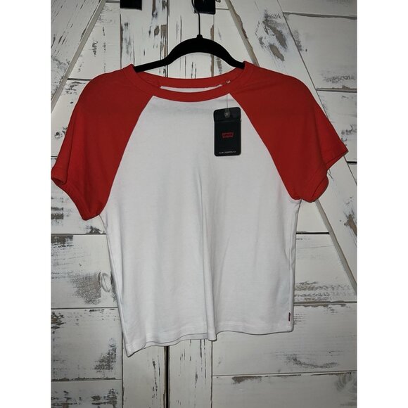 Levi's White Red White Ringer Baseball Baby Tee Size XL Cotton Cropped - Picture 1 of 7